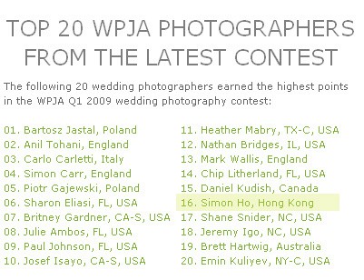 simon.the.photo ranked as one of the top 20 wedding photographers in wpja 09 Q1 contest 1